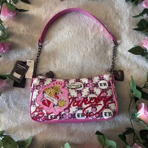 Ed Hardy Pink and White Graphic Shoulder Bag